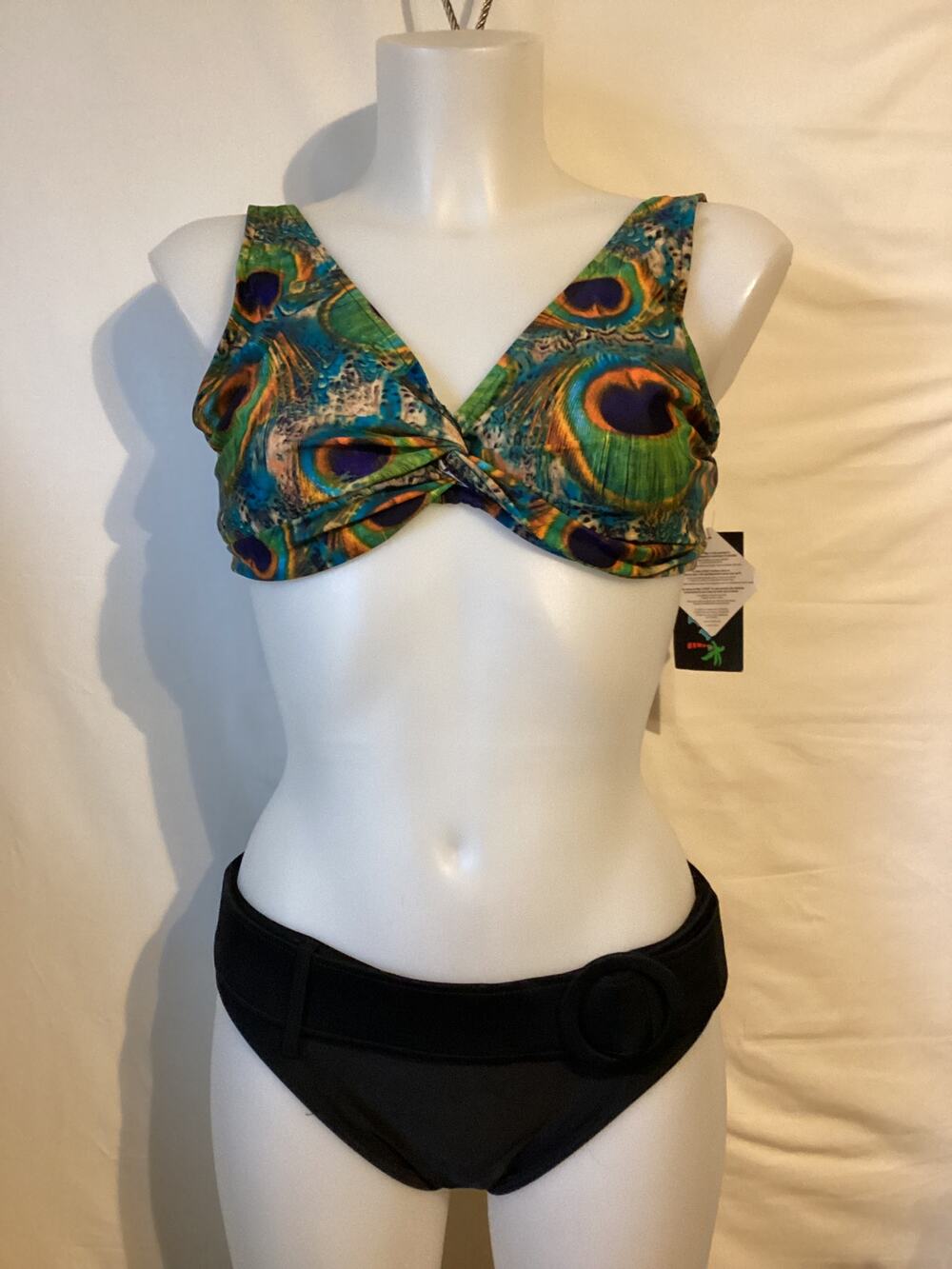 1307 NWT Bikini Bay U/W Cup Top 34DD Green/Blue Plume w/Thick Belted Bottom 6